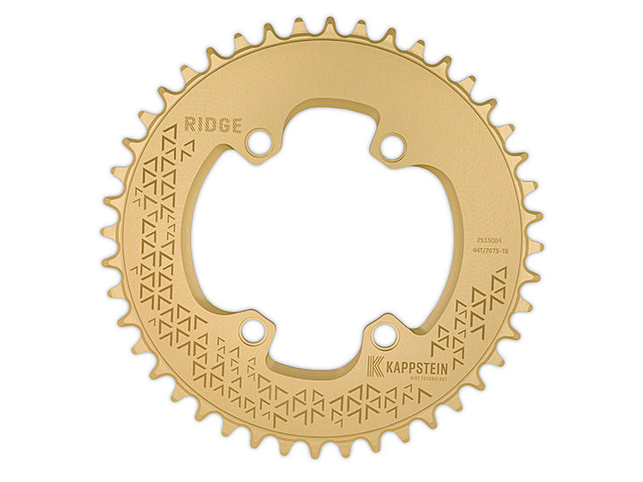 Gold chainring with 'Ridge' and 'Kappstein' branding on a white background