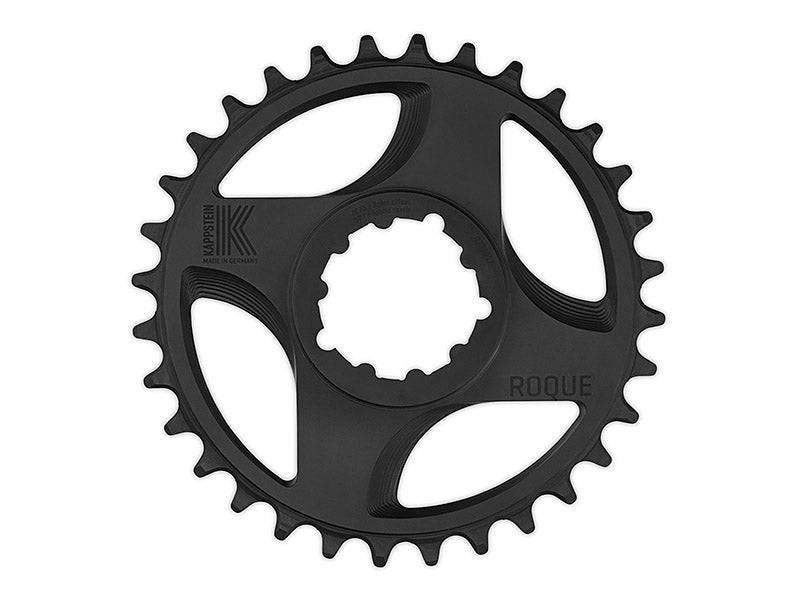 Black bicycle chainring with 'K' logo on a white background