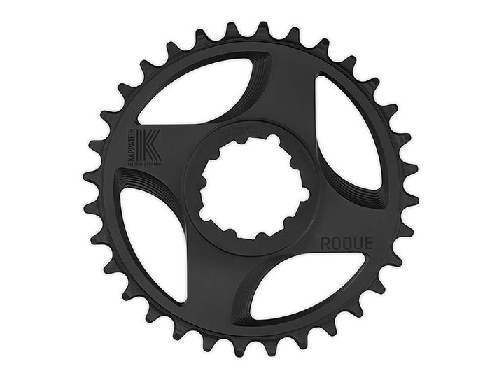 Black bicycle chainring with 'K' logo on a white background
